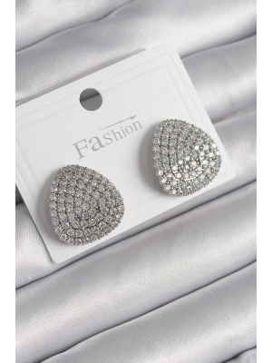 Pirinç Gümüş Renk Zirkon Taşlı Plaka Model Kadın Küpe