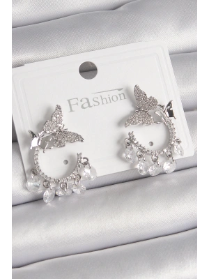 Pirinç Gümüş Renk Zirkon Taşlı Sallantı Detay Kelebek Model Kadın Küpe