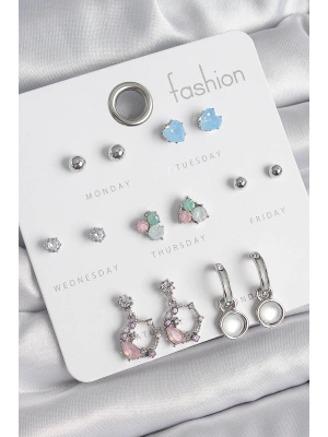 Pirinç Gümüş Renk Zirkon Taşlı Sallantı Halka Model Çiçek Detay 7 Çift Kadın Küpe Seti