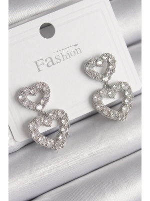 Pirinç Gümüş Renk Zirkon Taşlı Sallantı Kalp Model Kadın Küpe