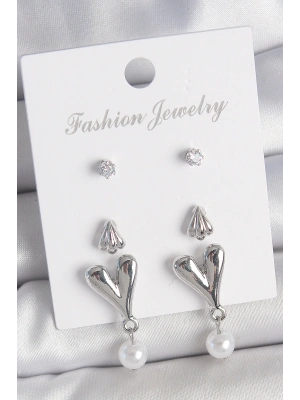 Pirinç Gümüş Renk Zirkon Taşlı Sallantılı Kalp Model 3 Çift Kadın Küpe Seti