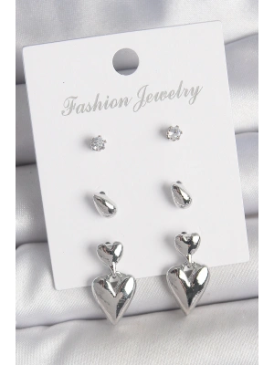 Pirinç Gümüş Renk Zirkon Taşlı Sallantılı Kalp Model 3 Çift Kadın Küpe Seti