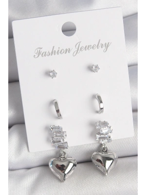 Pirinç Gümüş Renk Zirkon Taşlı Sallantılı Kalp Model Yarım Halka Detay 3 Çfit Kadın Küpe Seti