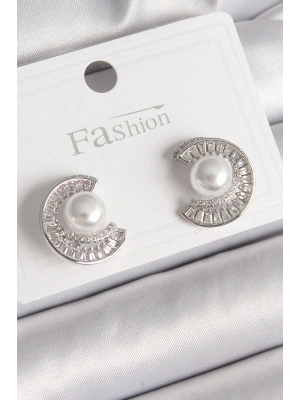 Pirinç Gümüş Renk Zirkon Taşlı Salyangoz Model İnci Detay Kadın Küpe