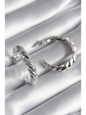 Pirinç Gümüş Renk Zirkon Taşlı Sarmal Model Kadın Küpe