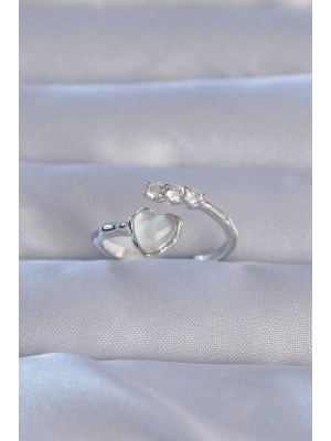 Pirinç Gümüş Renk Zirkon Taşlı Sedefli Kalp Model Ayarlanabilir Yüzük