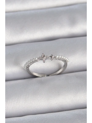 Pirinç Gümüş Renk Zirkon Taşlı Sıralı İnci Ayarlanabilir Model Kadın Yüzük