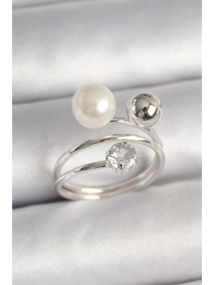 Pirinç Gümüş Renk Zirkon Taşlı Toplu İnci Model Kadın Yüzük