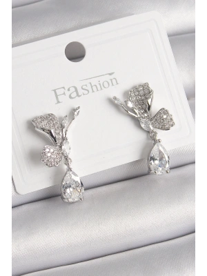 Pirinç Gümüş Renk Zirkon Taşlı Turna Kuşu Model Sallantı Detay Kadın Küpe