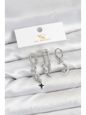 Pirinç Gümüş Renk Zirkon Taşlı Uzay Model YSX Trio Küpe Seti