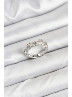 Pirinç Gümüş Renk Zirkon Taşlı Vintage Kadın Yüzük