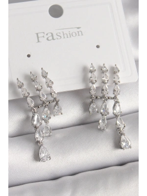 Pirinç Gümüş Renk Zirkon Taşlı Yağmur Model Kadın Küpe