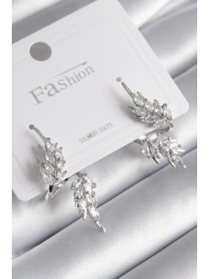 Pirinç Gümüş Renk Zirkon Taşlı Yaprak Model Kadın Küpe