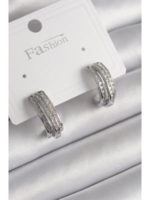 Pirinç Gümüş Renk Zirkon Taşlı Yarım Halka Model Kadın Küpe