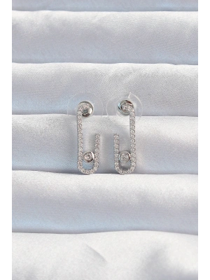 Pirinç Gümüş Renk Zirkon Taşlı Yarım Messika Küpe