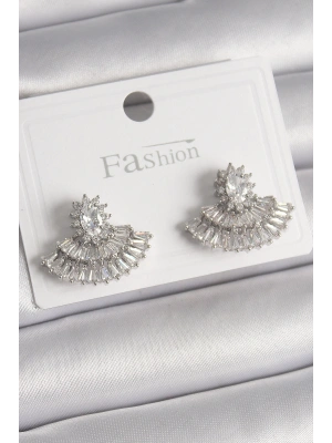 Pirinç Gümüş Renk Zirkon Taşlı Yelpaze Model Kadın Küpe