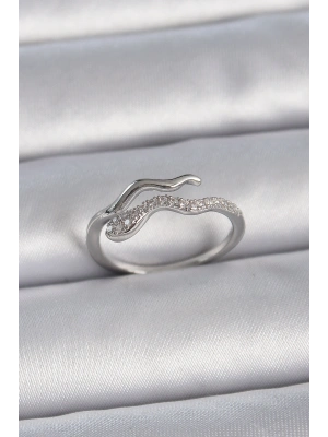 Pirinç Gümüş Renk Zirkon Taşlı Yılan Ayarlanabilir Model Kadın Yüzük