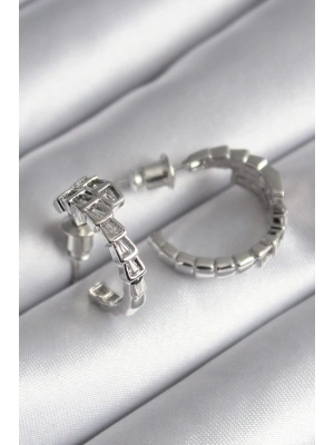 Pirinç Gümüş Renk Zirkon Taşlı Yılan Model Kadın Küpe