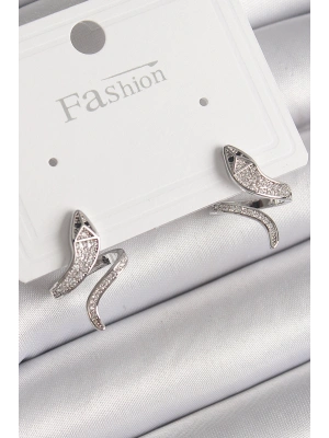 Pirinç Gümüş Renk Zirkon Taşlı Yılan Model Kadın Küpe