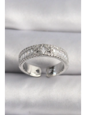 Pirinç Gümüş Renk Zirkon Taşlı Yıldız İşleme VIP Seri Kadın Yüzük