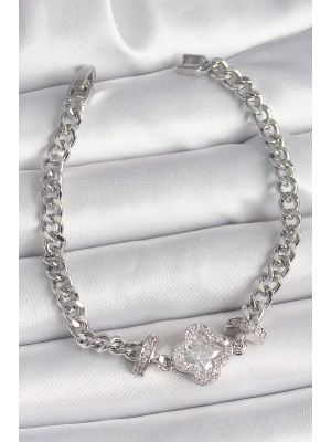 Pirinç Gümüş Renk Zirkon Taşlı Yonca Figür Zincir Model Kadın Bileklik