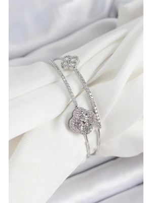 Pirinç Gümüş Renk Zirkon Taşlı Yonca Model 2li Kadın Bileklik