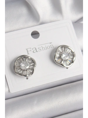 Pirinç Gümüş Renk Zirkon Taşlı Yonca Model Kadın Küpe