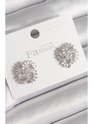 Pirinç Gümüş Renk Zirkon Taşlı Yonca Model Kadın Küpe