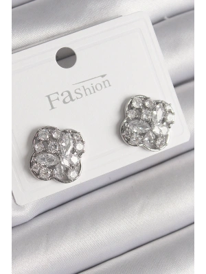 Pirinç Gümüş Renk Zirkon Taşlı Yonca Model Kadın Küpe