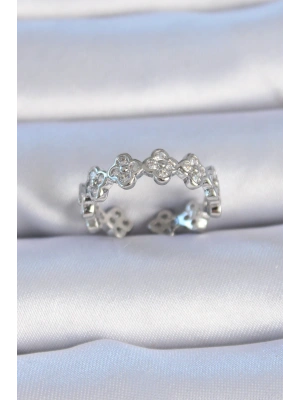 Pirinç Gümüş Renk Zirkon Taşlı Yonca Model Kadın Yüzük