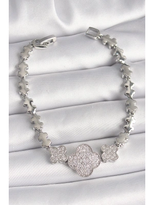 Pirinç Gümüş Renk Zirkon Taşlı Yonca Model Zincir Model Kadın Bileklik