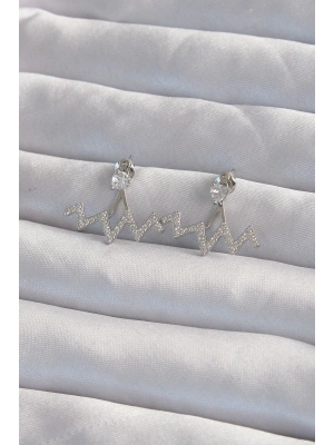 Pirinç Gümüş Renk Zirkon Taşlı Zikzak Küpe