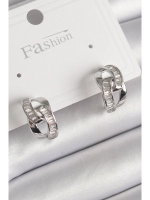 Pirinç Gümüş Renk Zirkon Taşlı Zincir Model Kadın Küpe