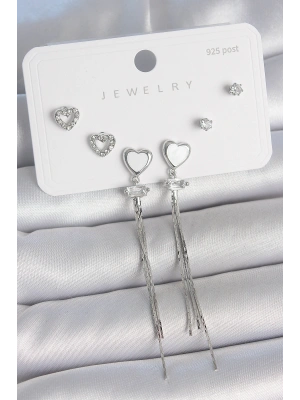 Pirinç Gümüş Sallantı Beyaz Mineli Kalp Model Zirkon Taşlı Kalp Detay 925 Ayar Gümüş Çivi Kadın Küpe Seti