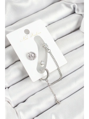 Pirinç Halka Figürlü Zirkon Taşlı Gümüş Renk 3lü Kıkırdak Kadın Küpe Set