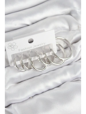 Pirinç Halka Model Gümüş Renk Kadın Set Küpe