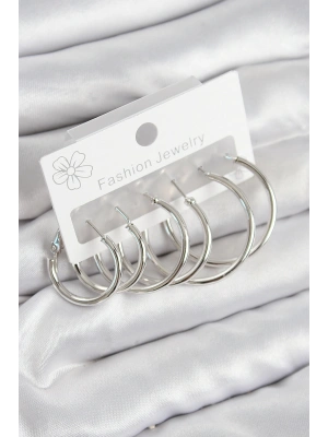 Pirinç Halka Model Gümüş Renk Kadın Set Küpe