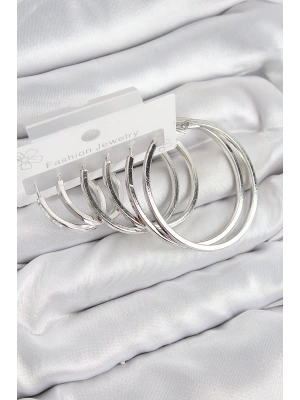 Pirinç Halka Model Gümüş Renk Kadın Set Küpe