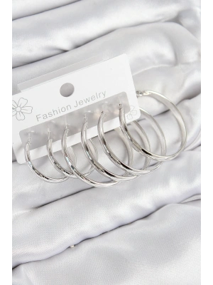 Pirinç Halka Model Gümüş Renk Kadın Set Küpe