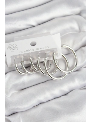 Pirinç Halka Model Gümüş Renk Kadın Set Küpe