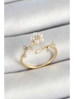 Pirinç İnci Detaylı Papatya Figürlü Zirkon Taşlı Gold Renk Ayarlanabilir Kadın Yüzük