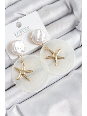 Pirinç İncili Deniz Kabuğu Figürlü Sedef Model Gold Renk Kadın Küpe