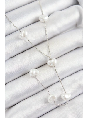 Pirinç İncili Kalp Figürlü Y Model Gümüş Renk Kadın Kolye