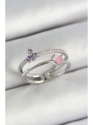 Pirinç Kalp Ve Çiçek Figürlü Zirkon Taşlı Gümüş Renk Ayarlanabilir Kadın Yüzük