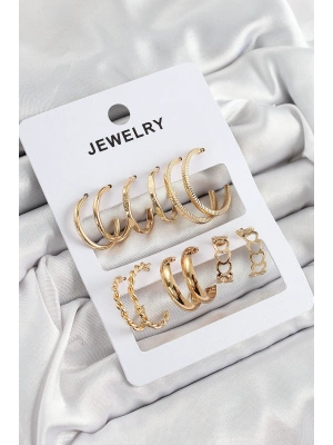 Pirinç Karışık Halka Model Gold Renk 6 Çift Kadın Küpe Set