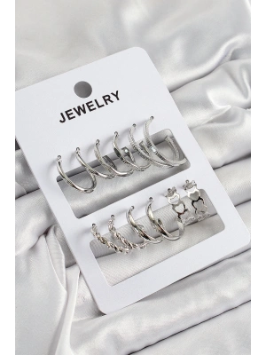 Pirinç Karışık Halka Model Gümüş Renk 6 Çift Kadın Küpe Set