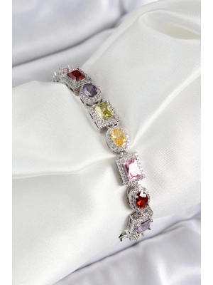 Pirinç Karışık Zirkon Taşlı Baget Model Gümüş Renk VIP Seri Kadın Bileklik