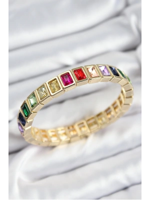 Pirinç Karışık Zirkon Taşlı Dikdörtgen Model Gold Renk Lastikli Kadın Bileklik