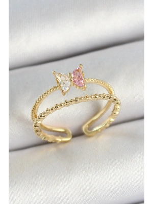 Pirinç Kelebek Figürlü Zirkon Taşlı Gold Renk Ayarlanabilir Kadın Yüzük