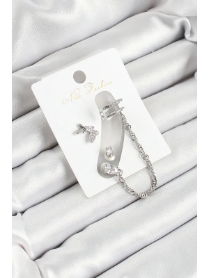 Pirinç Kelebek Figürlü Zirkon Taşlı Gümüş Renk 3lü Kıkırdak Kadın Küpe Set